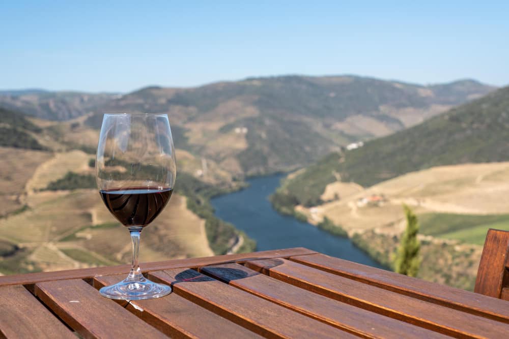 A glass of red wine on a table in front of a canyon