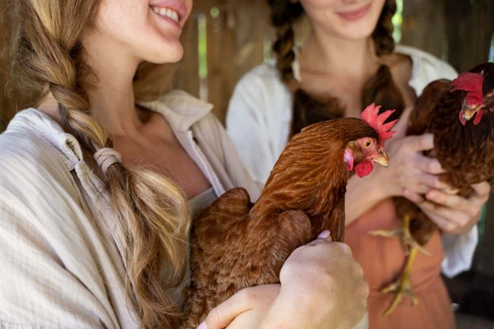 girls holding two chickens