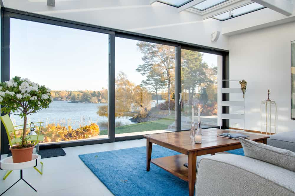 living room with view of a rectangular house